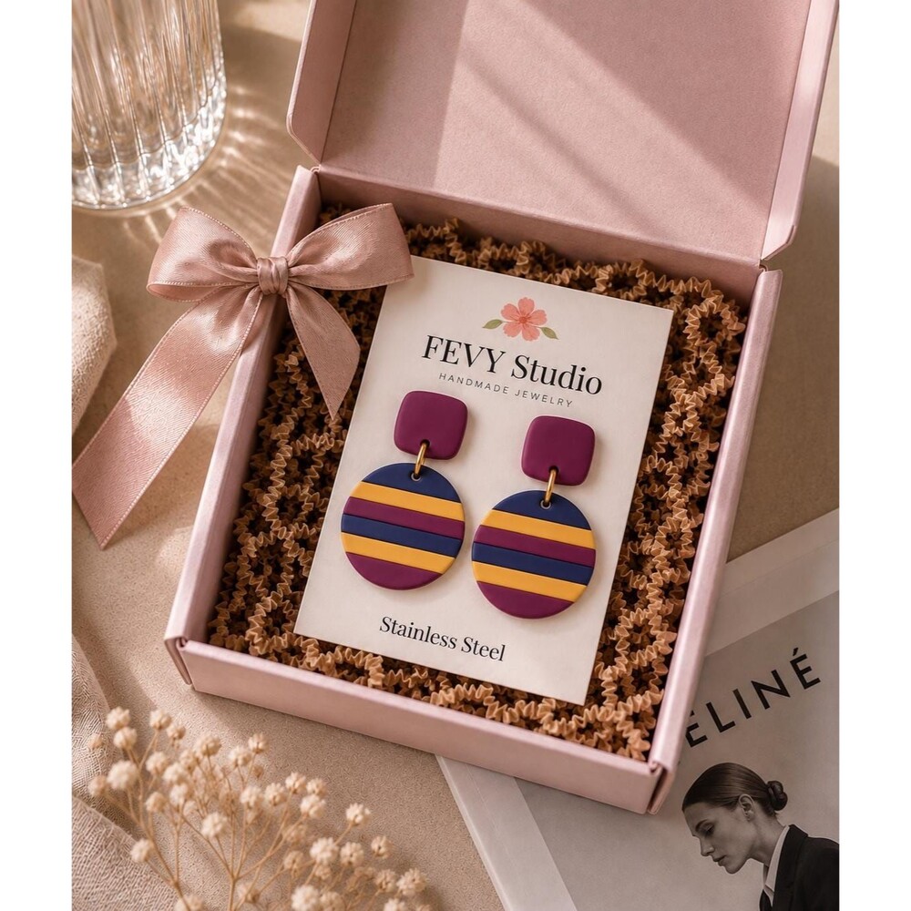Plum Navy Mustard Polymer Clay Earrings, Handmade Statement Earrings